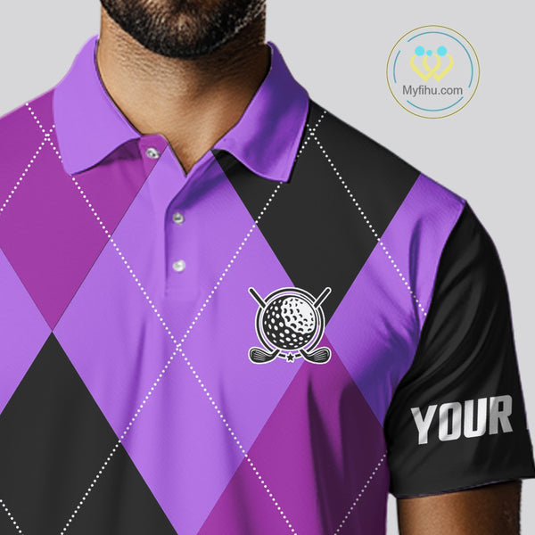 Mens golf polos shirts custom purple and black golf argyle plaid pattern, personalized golf gifts NQS10653