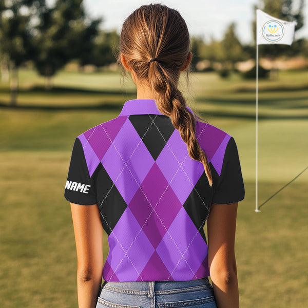 Womens golf polos shirts custom purple and black golf argyle plaid pattern, personalized golf gifts NQS10653