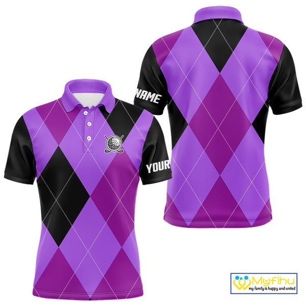 Mens golf polos shirts custom purple and black golf argyle plaid pattern, personalized golf gifts NQS10653