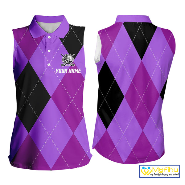 Women Sleeveless Polo Shirt custom purple and black golf argyle plaid pattern, personalized golf gift NQS10653