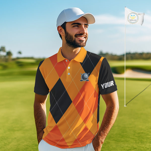 Mens golf polos shirts custom orange and black golf argyle plaid pattern Halloween golf gifts NQS10654
