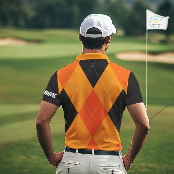 Mens golf polos shirts custom orange and black golf argyle plaid pattern Halloween golf gifts NQS10654