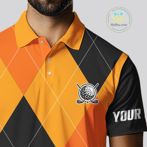 Mens golf polos shirts custom orange and black golf argyle plaid pattern Halloween golf gifts NQS10654