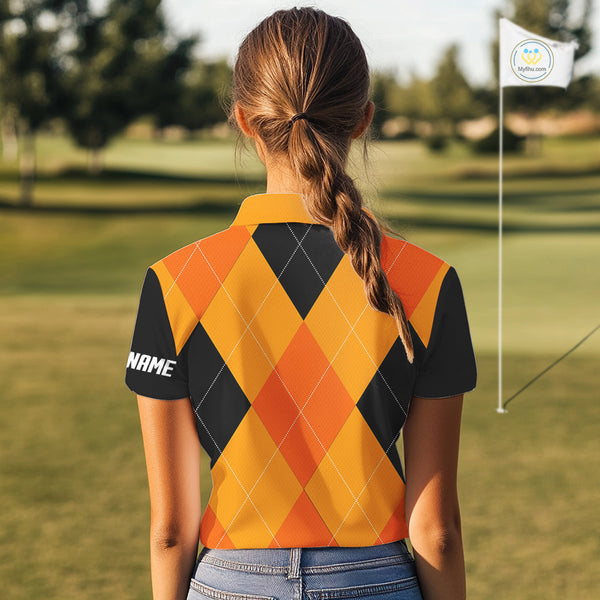 Womens golf polos shirts custom orange and black golf argyle plaid pattern Halloween golf gifts NQS10654