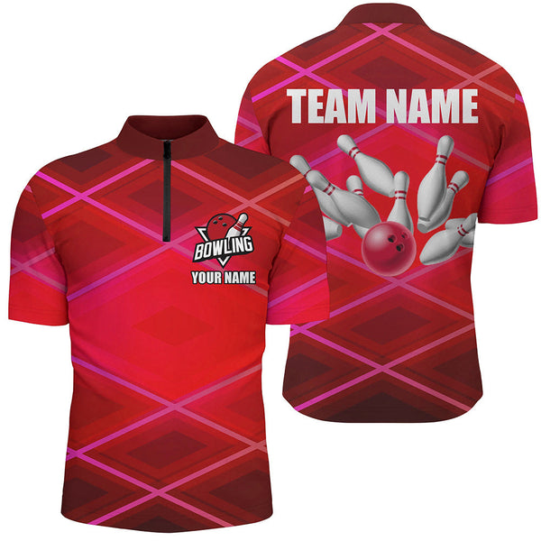 Mens bowling polo, 1/4 zip shirt Custom neon red bowling team league jerseys, gifts for bowlers NQS8714