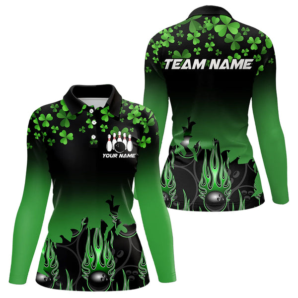 Green shamrock Flame bowling shirts for Women Custom St Patrick Day black team league bowling jerseys NQS9390
