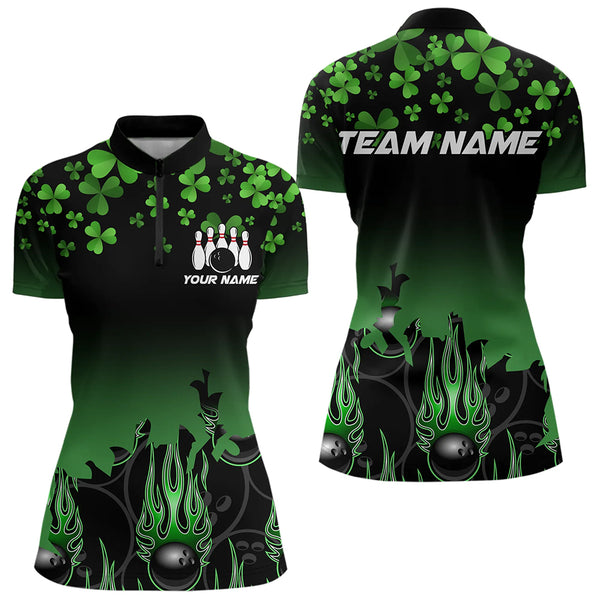 Green shamrock Flame bowling shirts for Women Custom St Patrick Day black team league bowling jerseys NQS9390