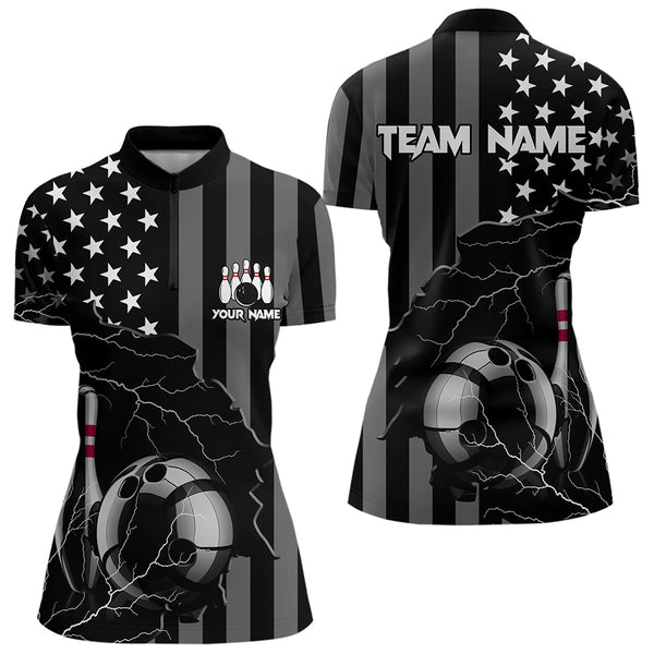 Personalized Black American flag Lightning thunder Custom Bowling Team Shirts For Women Bowling Jersey NQS9538