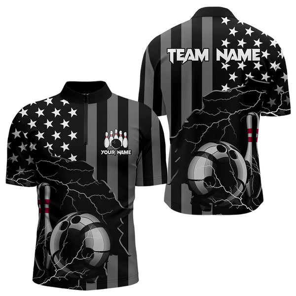 Personalized Black American flag Lightning thunder Custom Bowling Team Shirts For Mens Bowling Jersey NQS9538