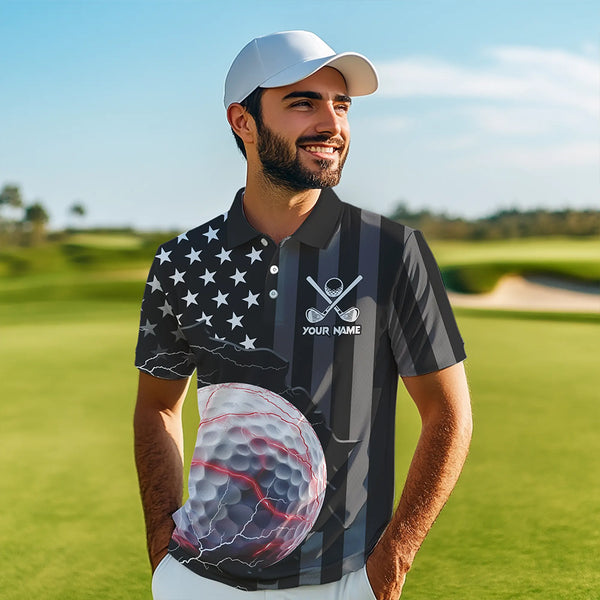 Personalized Black American flag Lightning thunder Custom Golf polo Team Shirts For Men golf apparel NQS9540