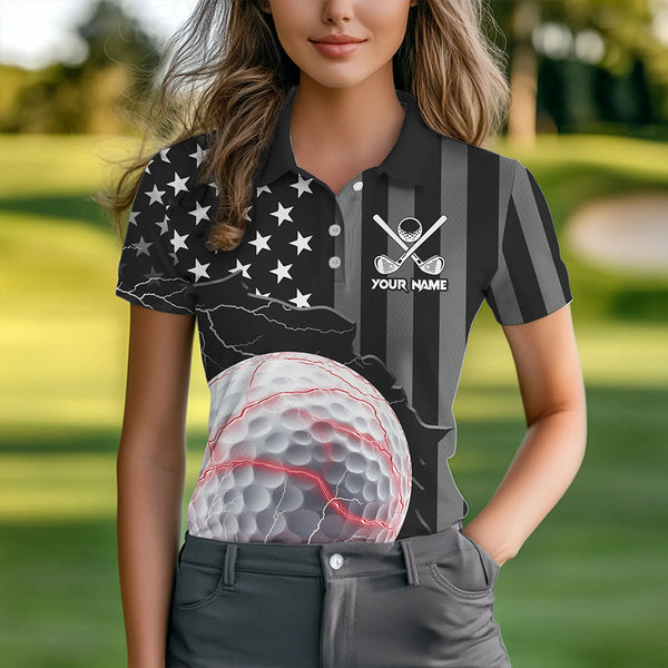 Personalized Black American flag Lightning thunder Custom Golf Polo Team Shirts For Women Golf apparel NQS9540