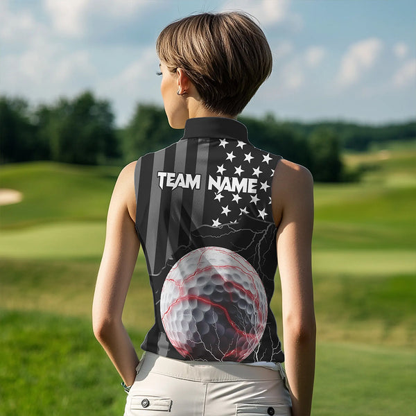 Personalized Black American flag Lightning thunder Custom Golf sleeveless polo Team Shirts For Women NQS9540