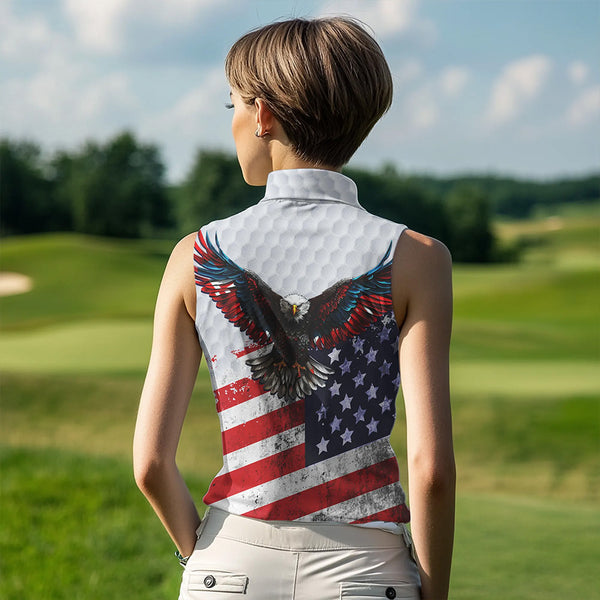Personalized American Flag Eagle White Women sleeveless polo shirt Custom patriotic ladies golf tops NQS9541