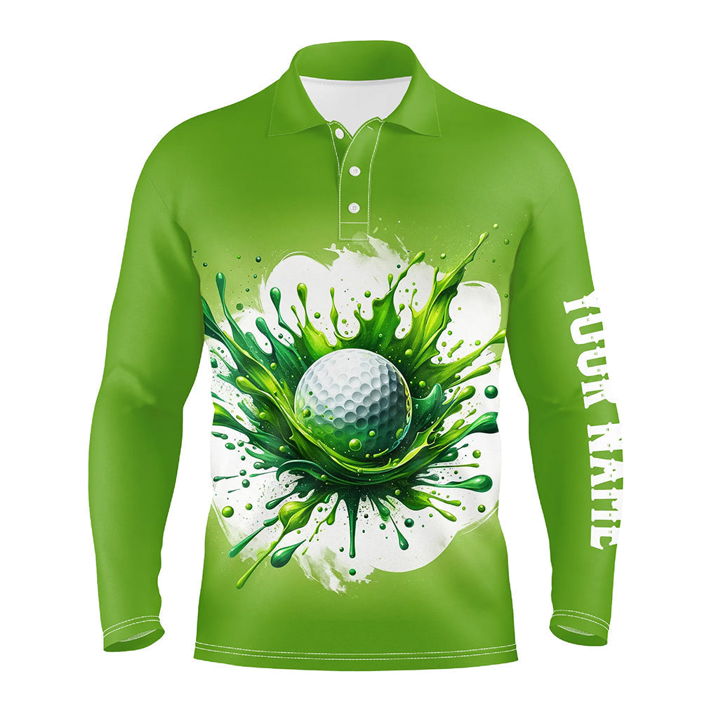Mens golf polo shirt custom watercolor green golf ball pattern golf tops for men, gift for golf lovers NQS7293