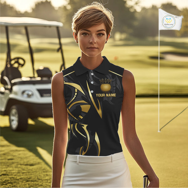 Black and Gold crown Women sleeveless golf polo shirts Custom Golf Team jerseys, cool golf gifts NQS10125