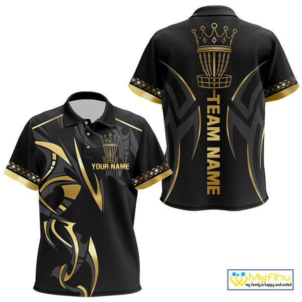 Black and Gold crown Disc golf polo shirts for Kid Custom Disc Golf Team jerseys, disc golf gifts NQS10126