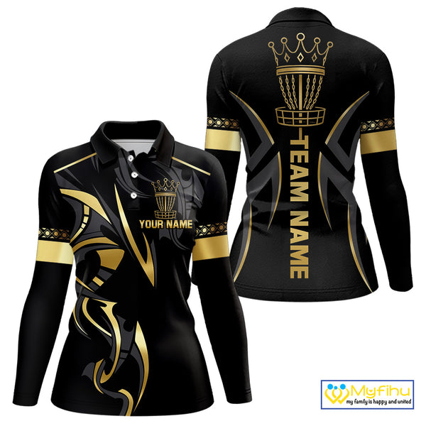 Black and Gold crown Disc golf polo shirts for Women Custom Disc Golf Team jerseys, disc golf gifts NQS10126