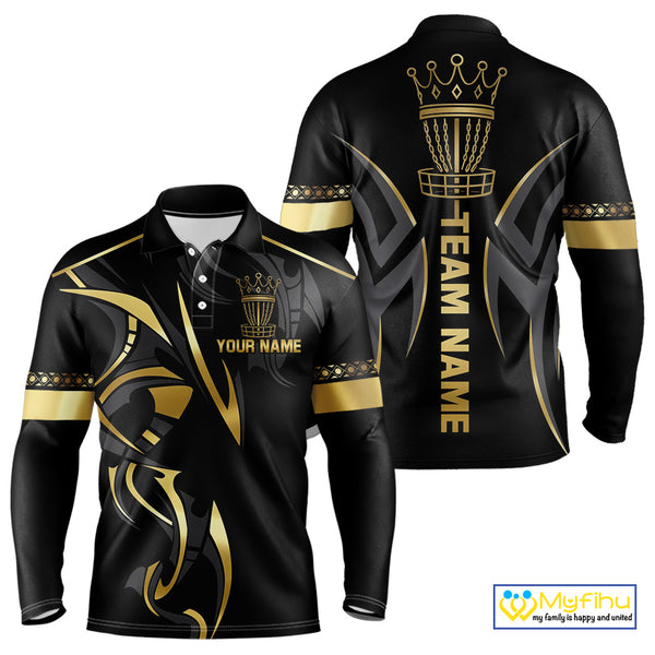 Black and Gold crown Disc golf polo shirts for Mens Custom Disc Golf Team jerseys, disc golf gifts NQS10126