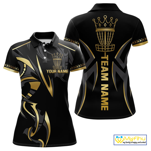 Black and Gold crown Disc golf polo shirts for Women Custom Disc Golf Team jerseys, disc golf gifts NQS10126