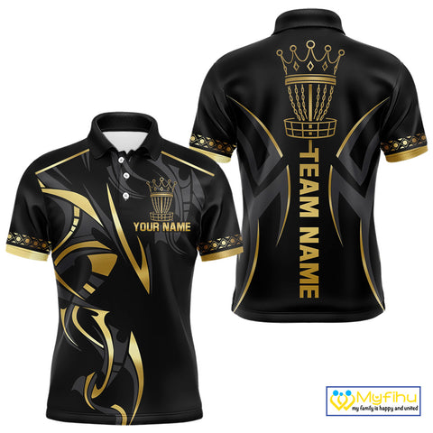 Black and Gold crown Disc golf polo shirts for Mens Custom Disc Golf Team jerseys, disc golf gifts NQS10126