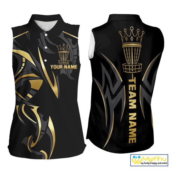 Black and Gold crown Disc golf sleeveless polo shirts Custom Disc Golf Team jerseys, disc golf gifts NQS10126