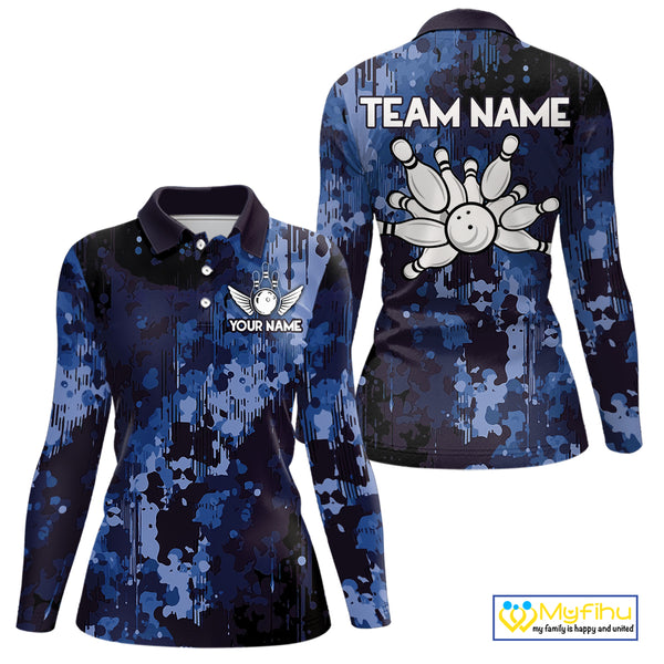Blue Camo Bowling Polo, Quarter Zip Shirts For Women Custom Bowling Team Jerseys, Gift For Bowlers NQS10454