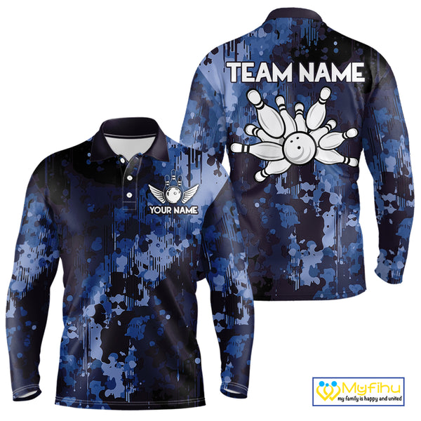 Blue Camo Bowling Polo, Quarter Zip Shirts For Men Custom Bowling Team Jerseys, Gift For Bowlers NQS10454