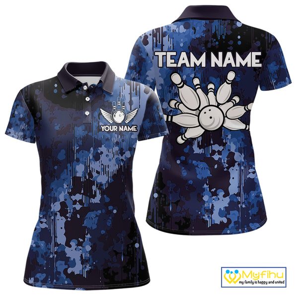 Blue Camo Bowling Polo, Quarter Zip Shirts For Women Custom Bowling Team Jerseys, Gift For Bowlers NQS10454