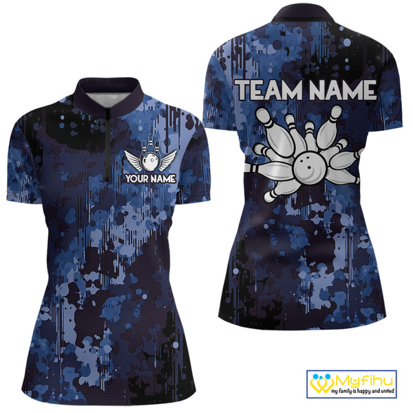 Blue Camo Bowling Polo, Quarter Zip Shirts For Women Custom Bowling Team Jerseys, Gift For Bowlers NQS10454