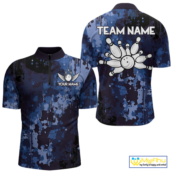 Blue Camo Bowling Polo, Quarter Zip Shirts For Men Custom Bowling Team Jerseys, Gift For Bowlers NQS10454