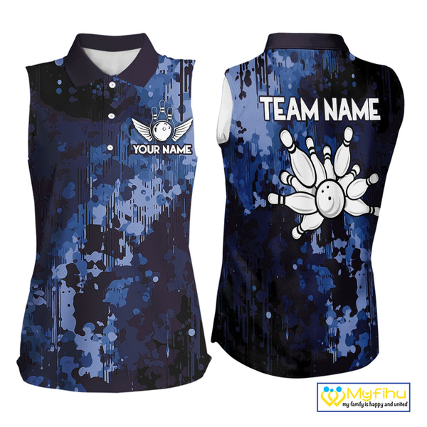 Blue Camo Bowling Sleeveless Polo Shirt For Women Custom Bowling Team Jerseys, Gift For Bowlers NQS10454