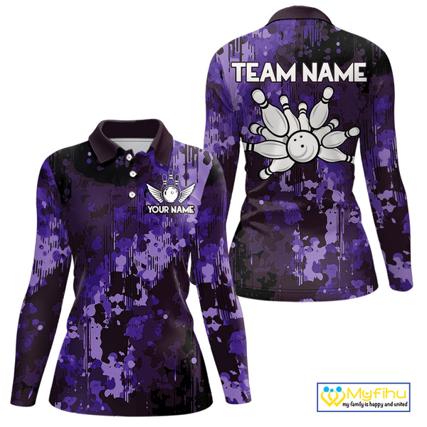 Purple Camo Bowling Polo, Quarter Zip Shirts For Women Custom Bowling Team Jerseys, Gift For Bowlers NQS10455
