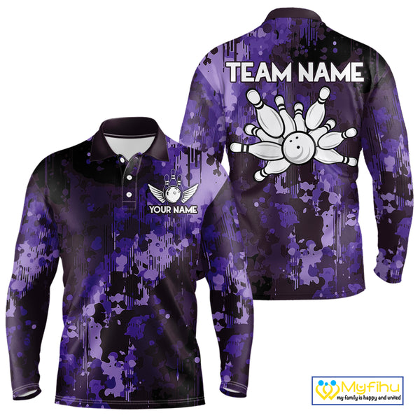 Purple Camo Bowling Polo, Quarter Zip Shirts For Men Custom Bowling Team Jerseys, Gift For Bowlers NQS10455