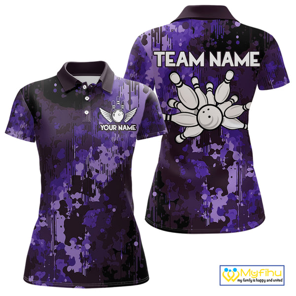 Purple Camo Bowling Polo, Quarter Zip Shirts For Women Custom Bowling Team Jerseys, Gift For Bowlers NQS10455