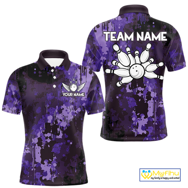 Purple Camo Bowling Polo, Quarter Zip Shirts For Men Custom Bowling Team Jerseys, Gift For Bowlers NQS10455