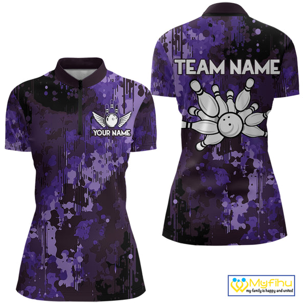 Purple Camo Bowling Polo, Quarter Zip Shirts For Women Custom Bowling Team Jerseys, Gift For Bowlers NQS10455