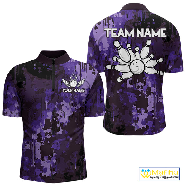 Purple Camo Bowling Polo, Quarter Zip Shirts For Men Custom Bowling Team Jerseys, Gift For Bowlers NQS10455