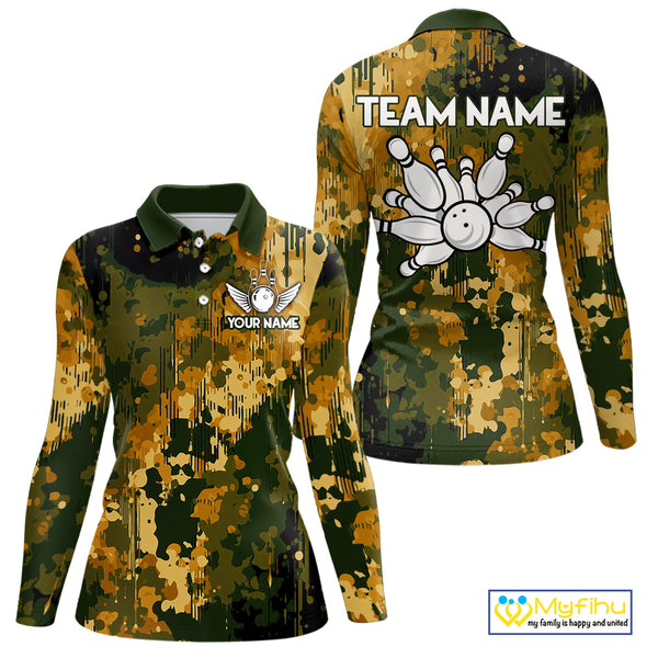 Yellow Camo Bowling Polo, Quarter Zip Shirts For Women Custom Bowling Team Jerseys, Gift For Bowlers NQS10456