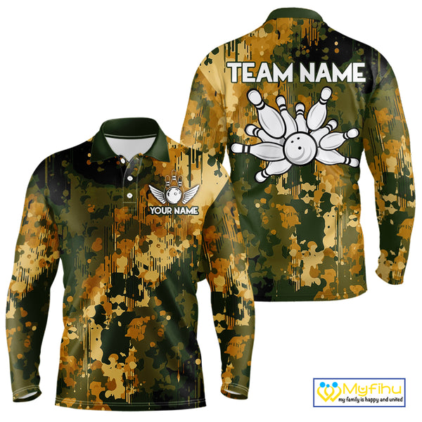 Yellow Camo Bowling Polo, Quarter Zip Shirts For Men Custom Bowling Team Jerseys, Gift For Bowlers NQS10456
