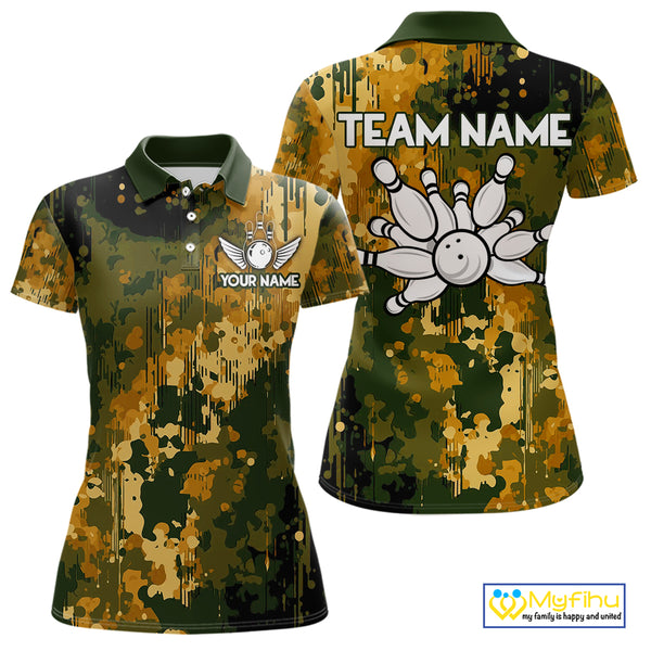 Yellow Camo Bowling Polo, Quarter Zip Shirts For Women Custom Bowling Team Jerseys, Gift For Bowlers NQS10456