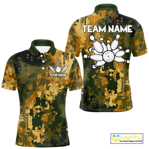 Yellow Camo Bowling Polo, Quarter Zip Shirts For Men Custom Bowling Team Jerseys, Gift For Bowlers NQS10456