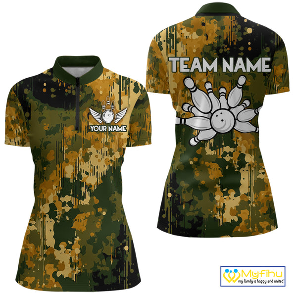 Yellow Camo Bowling Polo, Quarter Zip Shirts For Women Custom Bowling Team Jerseys, Gift For Bowlers NQS10456