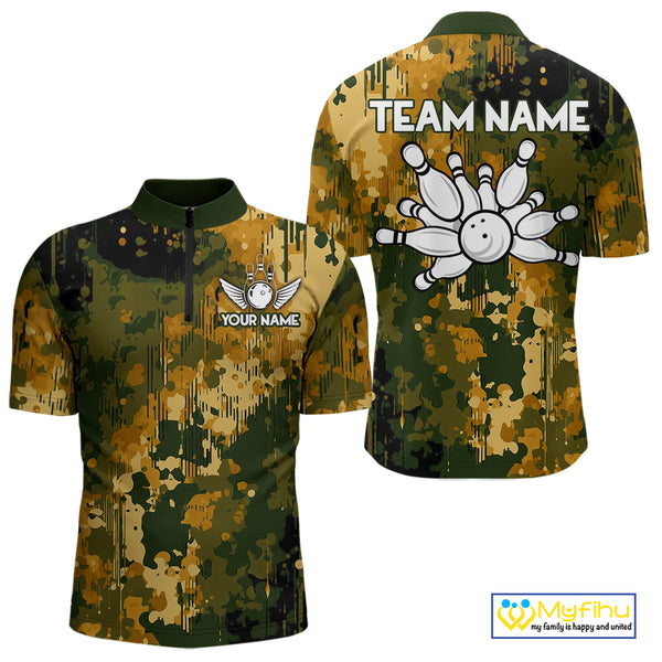 Yellow Camo Bowling Polo, Quarter Zip Shirts For Men Custom Bowling Team Jerseys, Gift For Bowlers NQS10456