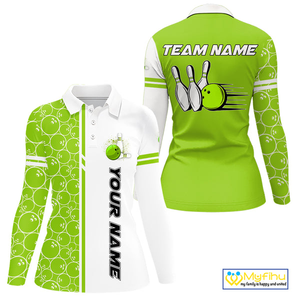 Women Bowling Polo, 1/4 Zip Shirt Custom retro white and green camo vintage ladies bowling jerseys NQS10457