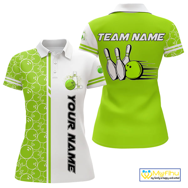 Women Bowling Polo, 1/4 Zip Shirt Custom retro white and green camo vintage ladies bowling jerseys NQS10457