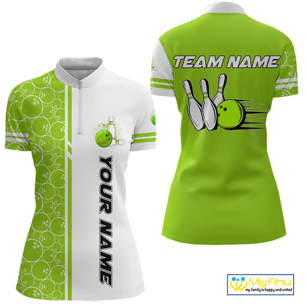 Women Bowling Polo, 1/4 Zip Shirt Custom retro white and green camo vintage ladies bowling jerseys NQS10457