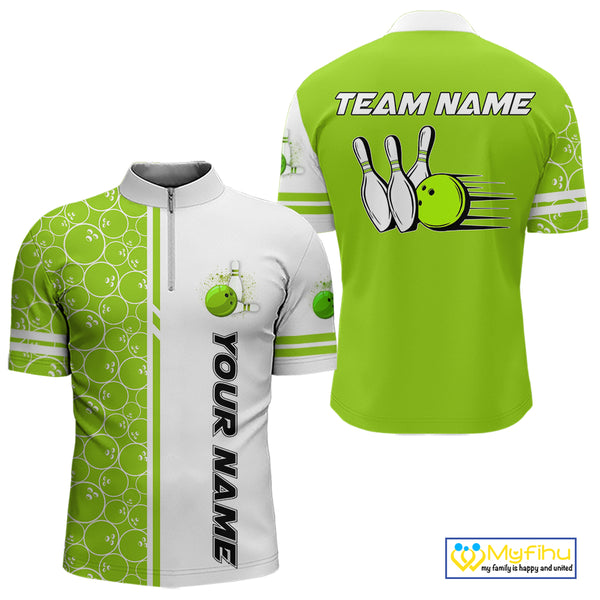 Men Bowling Polo, 1/4 Zip Shirt Custom white & green camo vintage bowling shirts, mens bowling jersey NQS10457