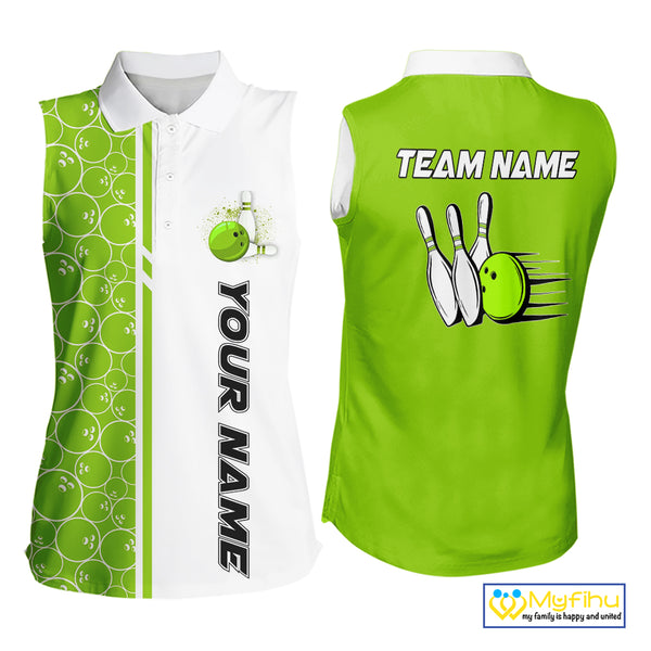 Women Bowling Sleeveless Polo Shirt Custom retro white and green camo vintage ladies bowling jerseys NQS10457