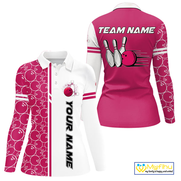 Women Bowling Polo, 1/4 Zip Shirt Custom retro white and pink camo vintage ladies bowling jerseys NQS10458