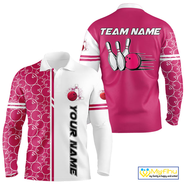 Men Bowling Polo, 1/4 Zip Shirt Custom white & pink camo vintage bowling shirts, mens bowling jersey NQS10458